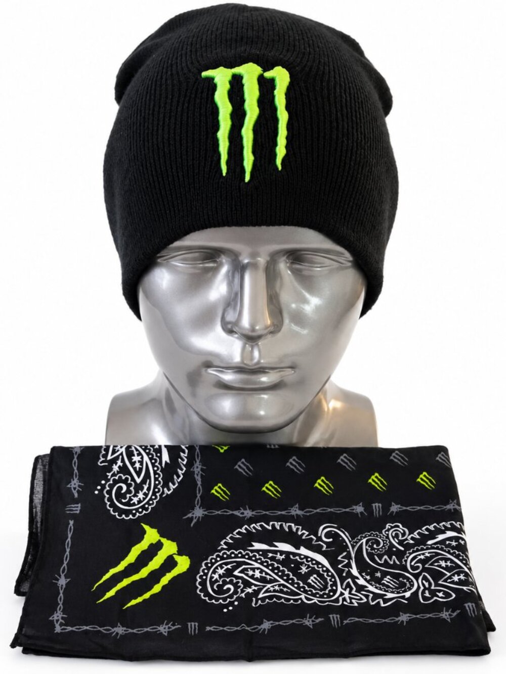 MONSTER ENERGY BLACK KNIT BEANIE HAT & BANDANA SET GREEN LOGO